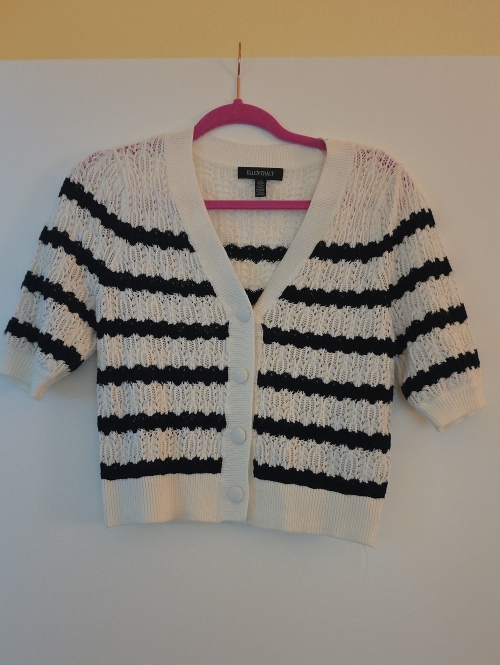 Ellen Tracy White and Black Striped Short-Sleeve Button Cardigan